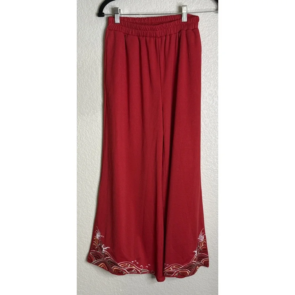 Womens XS Red Knit Wide‎ Flare Leg Pants Embroidered Hem Pocket Asian Style Boho